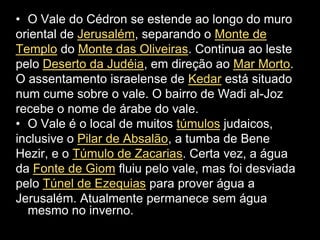 • O Vale do Cédron se estende ao longo do muro
oriental de Jerusalém, separando o Monte de
Templo do Monte das Oliveiras. Continua ao leste
pelo Deserto da Judéia, em direção ao Mar Morto.
O assentamento israelense de Kedar está situado
num cume sobre o vale. O bairro de Wadi al-Joz
recebe o nome de árabe do vale.
• O Vale é o local de muitos túmulos judaicos,
inclusive o Pilar de Absalão, a tumba de Bene
Hezir, e o Túmulo de Zacarias. Certa vez, a água
da Fonte de Giom fluiu pelo vale, mas foi desviada
pelo Túnel de Ezequias para prover água a
Jerusalém. Atualmente permanece sem água
  mesmo no inverno.
 