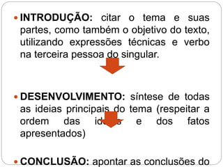  INTRODUÇÃO: citar o tema e suas
partes, como também o objetivo do texto,
utilizando expressões técnicas e verbo
na terceira pessoa do singular.
 DESENVOLVIMENTO: síntese de todas
as ideias principais do tema (respeitar a
ordem das ideias e dos fatos
apresentados)
 CONCLUSÃO: apontar as conclusões do
 