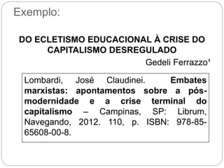 Exemplo:
DO ECLETISMO EDUCACIONAL À CRISE DO
CAPITALISMO DESREGULADO
Gedeli Ferrazzo¹
Lombardi, José Claudinei. Embates
marxistas: apontamentos sobre a pós-
modernidade e a crise terminal do
capitalismo – Campinas, SP: Librum,
Navegando, 2012. 110, p. ISBN: 978-85-
65608-00-8.
 
