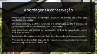 Abordagens à conservação
• Introdução de indivíduos, manipulação extensiva de habitat são ações para
populações ameaçadas
• Em casos extremos, a última esperança é a conservação ex situ e criação sob
condições controladas com expectativa de reintrodução
• Mais conhecidos são centros em zoológicos, centros de reprodução, jardins
botânicos, aquários
• Dentre os problemas temos doenças, falta de verba, mudança de comportamento
• Proteção da biodiversidade depende de regulamentações políticas, manutenção
de estrutura jurídica e apoio da ciência
 