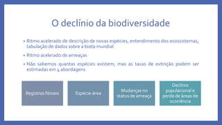 O declínio da biodiversidade
• Ritmo acelerado de descrição de novas espécies, entendimento dos ecossistemas,
tabulação de dados sobre a biota mundial
• Ritmo acelerado de ameaças
• Não sabemos quantas espécies existem, mas as taxas de extinção podem ser
estimadas em 4 abordagens
Registros fósseis Espécie-área
Mudanças no
status de ameaça
Declínio
populacional e
perda de áreas de
ocorrência
 