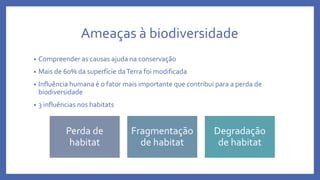 Ameaças à biodiversidade
• Compreender as causas ajuda na conservação
• Mais de 60% da superfície daTerra foi modificada
• Influência humana é o fator mais importante que contribui para a perda de
biodiversidade
• 3 influências nos habitats
Perda de
habitat
Fragmentação
de habitat
Degradação
de habitat
 