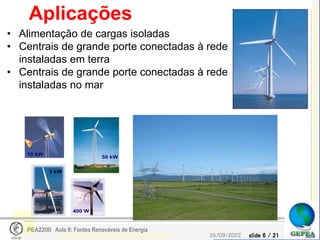slide 6 / 21
26/09/2022
PEA2200 Aula 9: Fontes Renováveis de Energia
Aplicações
• Alimentação de cargas isoladas
• Centrais de grande porte conectadas à rede
instaladas em terra
• Centrais de grande porte conectadas à rede
instaladas no mar
50 kW
400 W
3 kW
10 kW
10 kW
50 kW
400 W
3 kW
10 kW
10 kW
10 kW
10 kW
 