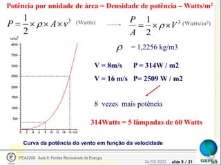 slide 9 / 21
26/09/2022
PEA2200 Aula 9: Fontes Renováveis de Energia
Curva da potência do vento em função da velocidade
3
2
1
v
A
P 


 
 = 1,2256 kg/m3
V = 8m/s P = 314W / m2
V = 16 m/s P= 2509 W / m2
8 vezes mais potência
Potência por unidade de área = Densidade de potência – Watts/m2
3
2
1
V
A
P


 
(Watts) (Watts/m2)
314Watts = 5 lâmpadas de 60 Watts
 