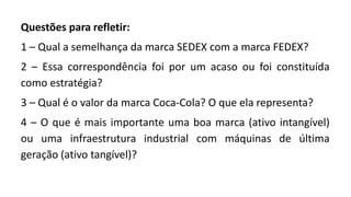 Questões para refletir:
1 – Qual a semelhança da marca SEDEX com a marca FEDEX?
2 – Essa correspondência foi por um acaso ou foi constituída
como estratégia?
3 – Qual é o valor da marca Coca-Cola? O que ela representa?
4 – O que é mais importante uma boa marca (ativo intangível)
ou uma infraestrutura industrial com máquinas de última
geração (ativo tangível)?
 