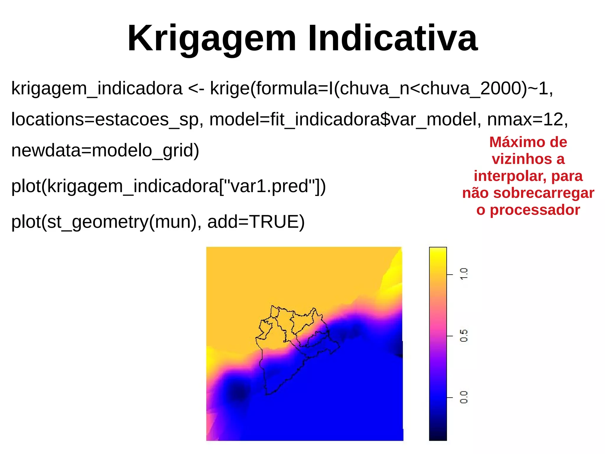 Krigagem Indicativa
krigagem_indicadora <- krige(formula=I(chuva_n<chuva_2000)~1,
locations=estacoes_sp, model=fit_indicadora$var_model, nmax=12,
newdata=modelo_grid)
plot(krigagem_indicadora["var1.pred"])
plot(st_geometry(mun), add=TRUE)
Máximo de
vizinhos a
interpolar, para
não sobrecarregar
o processador
 