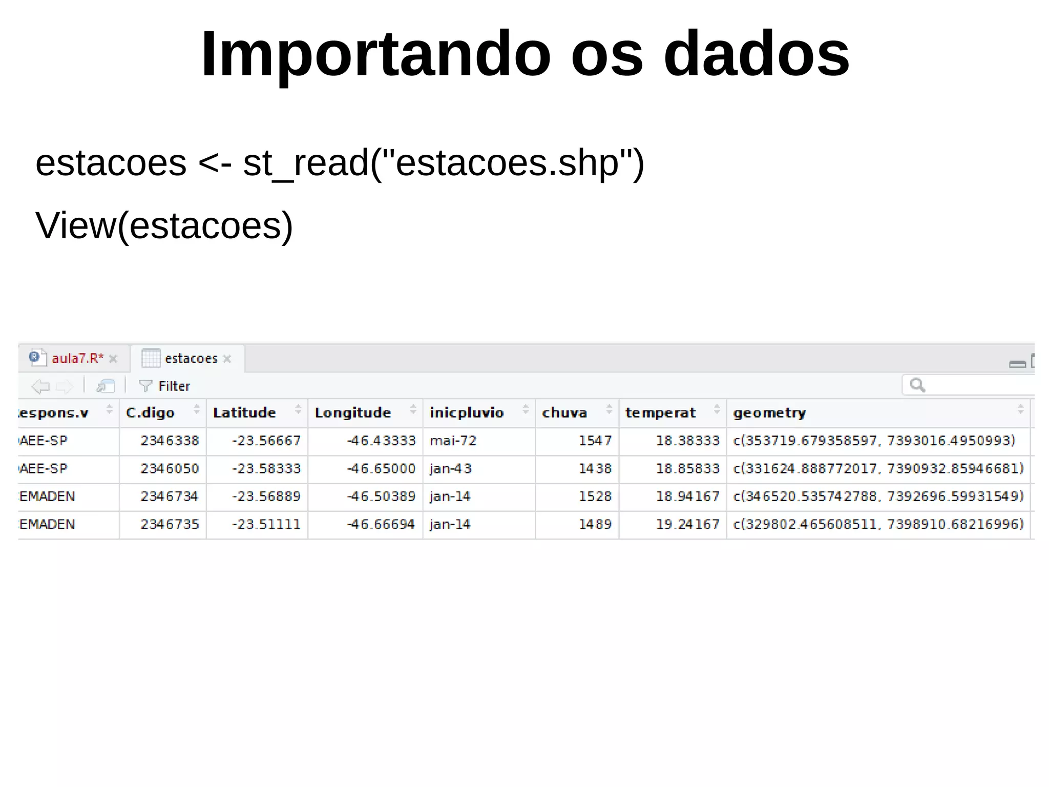 Importando os dados
estacoes <- st_read("estacoes.shp")
View(estacoes)
 