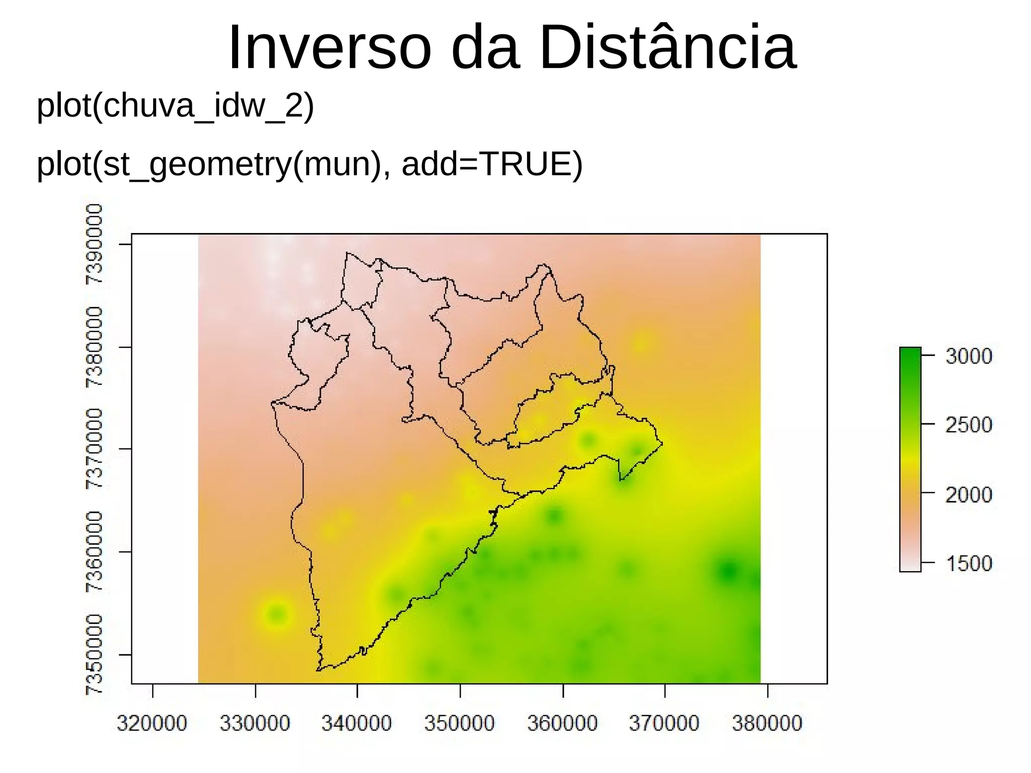 Inverso da Distância
plot(chuva_idw_2)
plot(st_geometry(mun), add=TRUE)
 