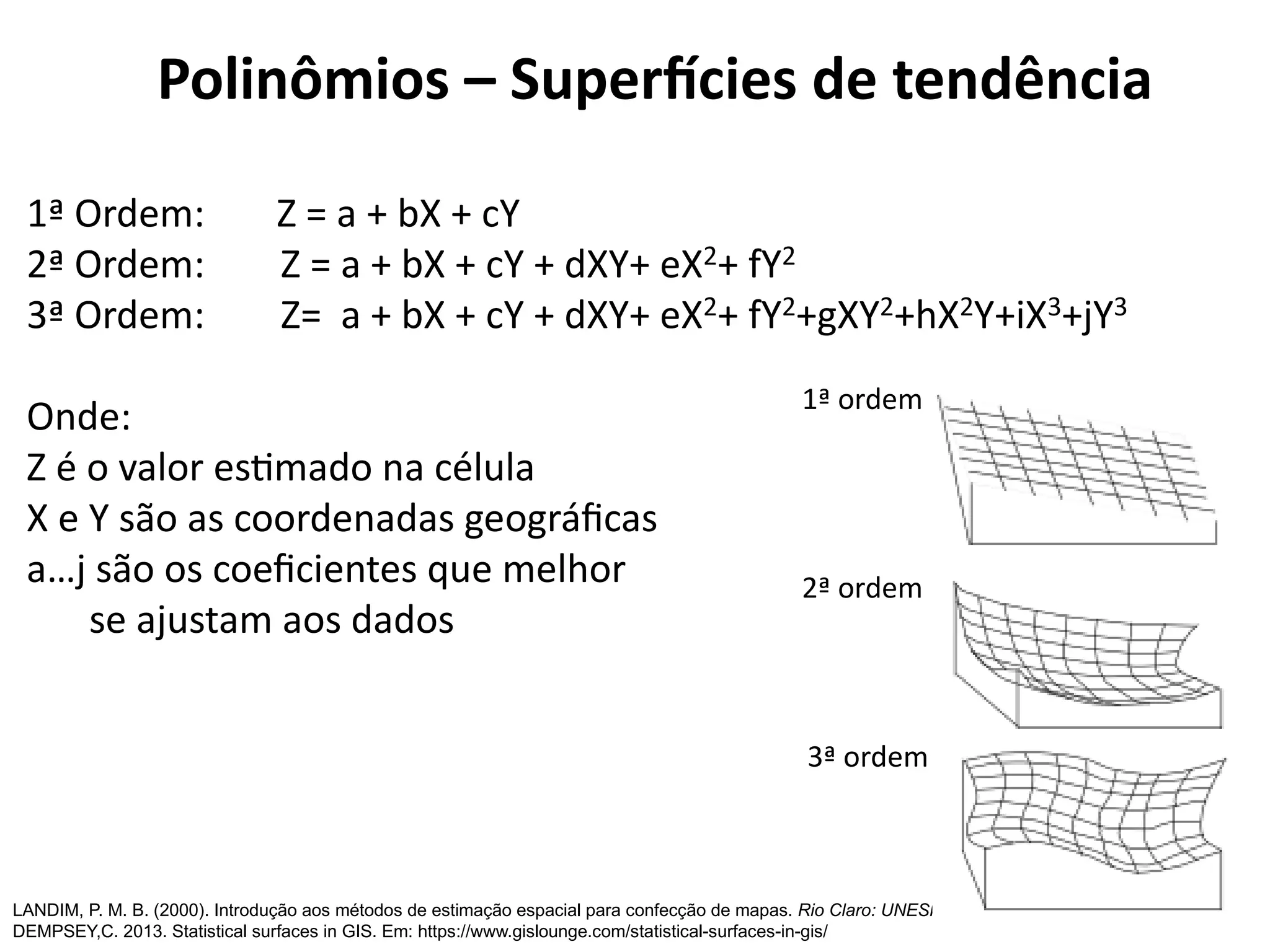 1ª Ordem: Z = a + bX + cY
2ª Ordem: Z = a + bX + cY + dXY+ eX2+ fY2
3ª Ordem: Z= a + bX + cY + dXY+ eX2+ fY2+gXY2+hX2Y+iX3+jY3
Onde:
Z é o valor estimado na célula
X e Y são as coordenadas geográficas
a…j são os coeficientes que melhor
se ajustam aos dados
LANDIM, P. M. B. (2000). Introdução aos métodos de estimação espacial para confecção de mapas. Rio Claro: UNESP.
DEMPSEY,C. 2013. Statistical surfaces in GIS. Em: https://www.gislounge.com/statistical-surfaces-in-gis/
1ª ordem
2ª ordem
3ª ordem
Polinômios – Superfícies de tendência
 