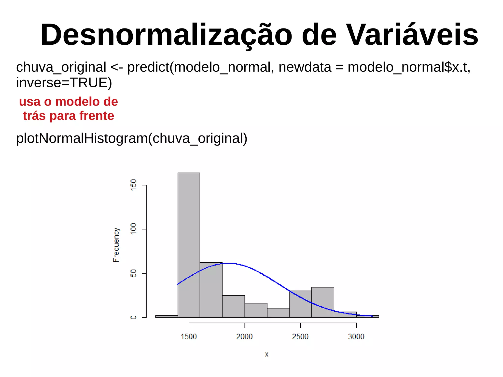 Desnormalização de Variáveis
chuva_original <- predict(modelo_normal, newdata = modelo_normal$x.t,
inverse=TRUE)
plotNormalHistogram(chuva_original)
usa o modelo de
trás para frente
 