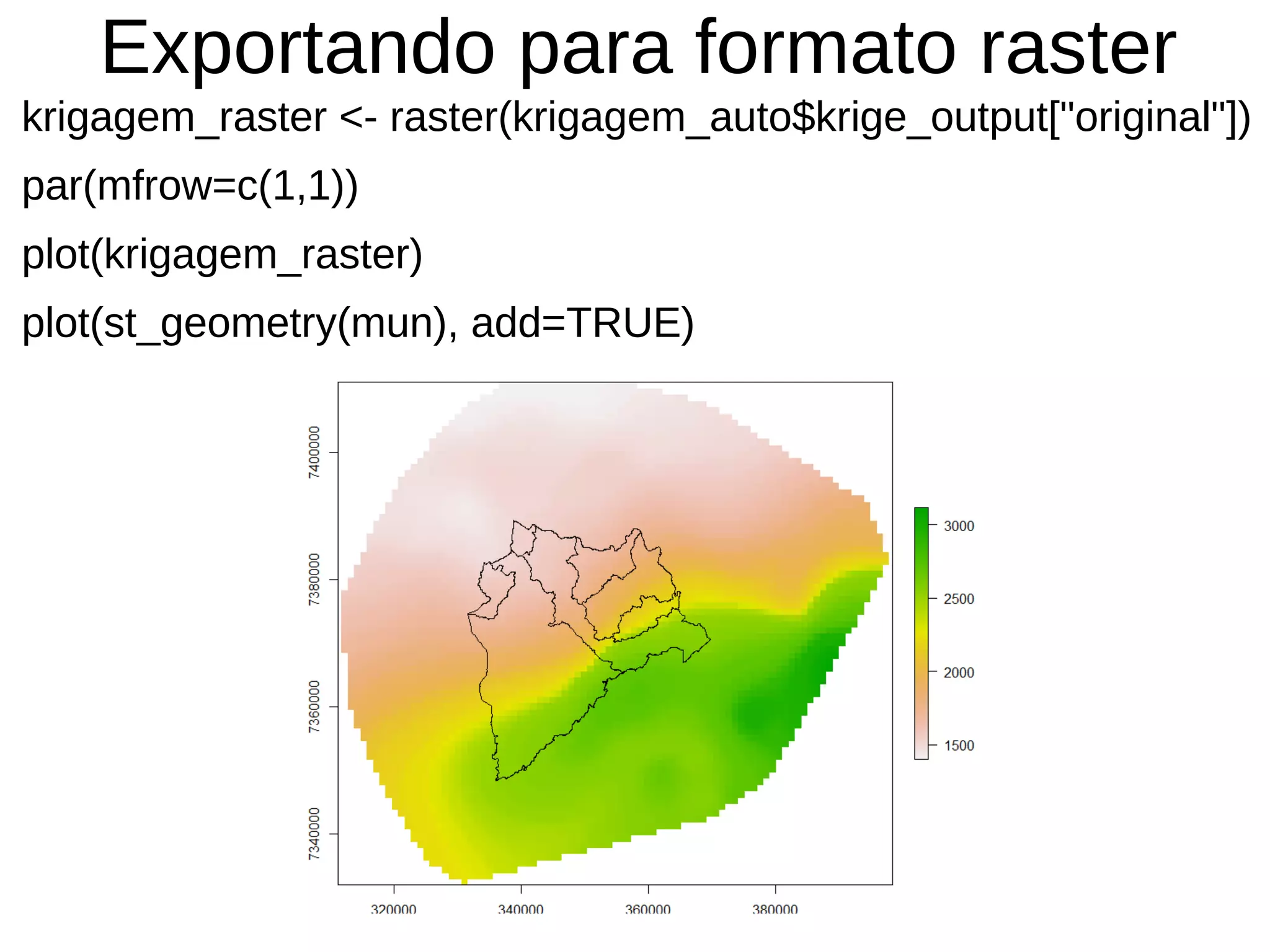 Exportando para formato raster
krigagem_raster <- raster(krigagem_auto$krige_output["original"])
par(mfrow=c(1,1))
plot(krigagem_raster)
plot(st_geometry(mun), add=TRUE)
 