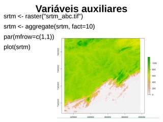Variáveis auxiliares
srtm <- raster("srtm_abc.tif")
srtm <- aggregate(srtm, fact=10)
par(mfrow=c(1,1))
plot(srtm)
 