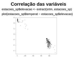 Correlação das variáveis
estacoes_sp$elevacao <- extract(srtm, estacoes_sp)
plot(estacoes_sp$temperat ~ estacoes_sp$elevacao)
 