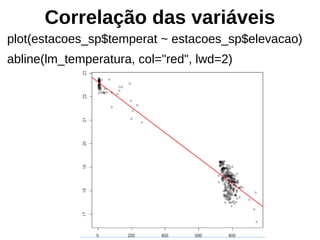 Correlação das variáveis
plot(estacoes_sp$temperat ~ estacoes_sp$elevacao)
abline(lm_temperatura, col="red", lwd=2)
 