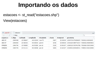 Importando os dados
estacoes <- st_read("estacoes.shp")
View(estacoes)
 