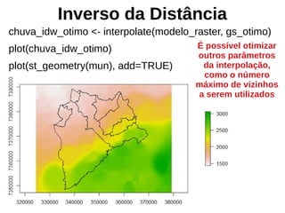 Inverso da Distância
chuva_idw_otimo <- interpolate(modelo_raster, gs_otimo)
plot(chuva_idw_otimo)
plot(st_geometry(mun), add=TRUE)
É possível otimizar
outros parâmetros
da interpolação,
como o número
máximo de vizinhos
a serem utilizados
 