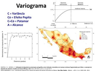 Variograma
C = Variância
C0 = Efeito Pepita
C+C0 = Patamar
A = Alcance
SANTOS, C. E., BIONDI, J. C. Utilização de elipsoide de anisotropia variográfica como indicador cinemático em maciços rochosos fragmentados por falhas: o exemplo do
depósito de asbestos crisotila cana brava (Minaçu, GO). Geol. USP, 2011, vol.11, n.3, pp. 65-77.
CRUZ-CARDENAS, G. et al . Distribución espacial de la riqueza de especies de plantas vasculares en México. Rev. Mex. Biodiv.,  México ,  v. 84, n. 4, p. 1189-1199,  2013 .
 