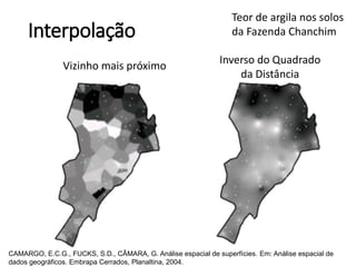 Interpolação
Vizinho mais próximo
Inverso do Quadrado
da Distância
Teor de argila nos solos
da Fazenda Chanchim
CAMARGO, E.C.G., FUCKS, S.D., CÂMARA, G. Análise espacial de superfícies. Em: Análise espacial de
dados geográficos. Embrapa Cerrados, Planaltina, 2004.
 