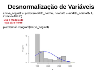 Desnormalização de Variáveis
chuva_original <- predict(modelo_normal, newdata = modelo_normal$x.t,
inverse=TRUE)
plotNormalHistogram(chuva_original)
usa o modelo de
trás para frente
 