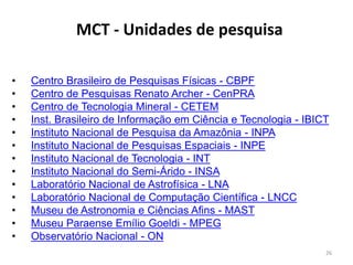 MCT - Unidades de pesquisa

•   Centro Brasileiro de Pesquisas Físicas - CBPF
•   Centro de Pesquisas Renato Archer - CenPRA
•   Centro de Tecnologia Mineral - CETEM
•   Inst. Brasileiro de Informação em Ciência e Tecnologia - IBICT
•   Instituto Nacional de Pesquisa da Amazônia - INPA
•   Instituto Nacional de Pesquisas Espaciais - INPE
•   Instituto Nacional de Tecnologia - INT
•   Instituto Nacional do Semi-Árido - INSA
•   Laboratório Nacional de Astrofísica - LNA
•   Laboratório Nacional de Computação Científica - LNCC
•   Museu de Astronomia e Ciências Afins - MAST
•   Museu Paraense Emílio Goeldi - MPEG
•   Observatório Nacional - ON
                                                                 26
 