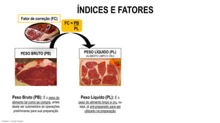 PESO BRUTO (PB) PESO LÍQUIDO (PL)
(ALIMENTO LIMPO E CRU)
FC = PB
PL
Fator de correção (FC)
Peso Bruto (PB): É o peso do
alimento tal como se compra, antes
deste ser submetidos às operações
preliminares para sua preparação
Peso Líquido (PL): É o
peso do alimento limpo e cru, ou
seja, já pré-preparado para ser
utilizado na preparação
ÍNDICES E FATORES
Imagens: Google Images.
 