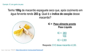 Tenho 100g de macarrão espaguete seco que, após cozimento em
água fervente rende 283 g. Qual é o índice de cocção desse
macarrão?
Exemplo: IC com ganho de peso
IC = Peso alimento pronto
Peso Líquido
IC = 283
100
IC = 2,83
Imagens: Google Images. Fonte IC: https://docs.ufpr.br/~monica.anjos/Fatores.pdf
Resposta: O IC desse macarrão é 2,83.
 