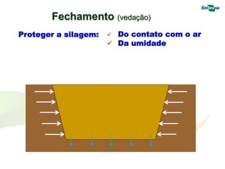 Fechamento (vedação)
Proteger a silagem:  Do contato com o ar
 Da umidade
 