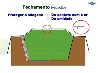Proteger a silagem:  Do contato com o ar
 Da umidade
Fechamento (vedação)
 