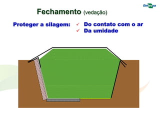 Proteger a silagem:  Do contato com o ar
 Da umidade
Fechamento (vedação)
 
