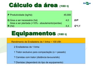 Cálculo da área (180 t)
P Produtividade (kg/há) 45.000
Q Área a ser necessária (há) 4,0 D/P
R
Área a ser plantada (+10% - abaulamento/perdas)
(há) 4,4 Q*1,1
Equipamentos (180 t)
Rendimento de Ensiladeira de 1 linha ~ 100 t/8h
2 Ensiladeiras de 1 linha
1 Trator exclusivo para compactação (o + pesado)
? Carretas com trator (distância lavoura/silo)
? Diaristas (dependerá do tipo de equipamento)
 