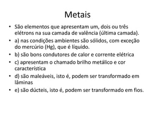 Metais
• São elementos que apresentam um, dois ou três
elétrons na sua camada de valência (última camada).
• a) nas condições ambientes são sólidos, com exceção
do mercúrio (Hg), que é líquido.
• b) são bons condutores de calor e corrente elétrica
• c) apresentam o chamado brilho metálico e cor
característica
• d) são maleáveis, isto é, podem ser transformado em
lâminas
• e) são dúcteis, isto é, podem ser transformado em fios.
 