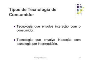 Tipos de Tecnologia de
Consumidor
 Tecnologia que envolve interação com o
consumidor;
 Tecnologia que envolve interação com
tecnologia por intermediário.
Tecnologia de Processos 31
 