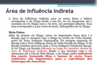 Área de Influência Indireta
A Área de Influência Indireta para os meios físico e biótico
acompanha o rio Xingu desde a sua foz, no rio Amazonas, até o
encontro do rio Xingu com o rio Iriri, seu principal afluente. Essa
área corresponde a 5 por cento da bacia hidrográfica do rio Xingu.
Meio Físico
Além do próprio rio Xingu, outro rio importante dessa área é o
Bacajá, que se encontra com o Xingu no trecho da Volta Grande,
perto da Terra Indígena Paquiçamba. Na margem esquerda do
Bacajá está a Terra Indígena Arara da Volta Grande do Xingu. O rio
Bacajá também atravessa toda a Terra Indígena Trincheira Bacajá.
O rio Xingu vai ficando diferente ao longo do caminho, dentro da
Área de Influência Indireta. Desde o seu encontro com o rio
Amazonas até a Vila de Belo Monte, o rio Xingu sofre influência
das marés, formando ilhas e bancos de areia. Esses
ambientes são importantes para a reprodução das
tartarugas-da-Amazônia.

 