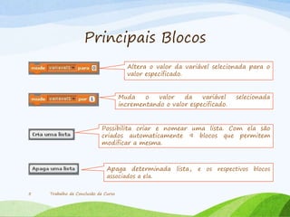Principais Blocos
Trabalho de Conclusão de Curso5
Altera o valor da variável selecionada para o
valor especificado.
Muda o valor da variável selecionada
incrementando o valor especificado.
Possibilita criar e nomear uma lista. Com ela são
criados automaticamente 9 blocos que permitem
modificar a mesma.
Apaga determinada lista, e os respectivos blocos
associados a ela.
 