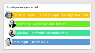 Herbert Simon – Teoria do equilíbrio organizacional
Herzberg – Teoria dos dois fatores
Maslow – Pirâmide das motivações
McGregor – Teoria X e Y
Abordagem comportamental
 