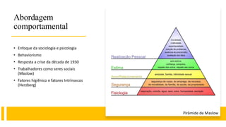 Abordagem
comportamental
• Enfoque da sociologia e psicologia
• Behaviorismo
• Resposta a crise da década de 1930
• Trabalhadores como seres sociais
(Maslow)
• Fatores higiênico e fatores Intrínsecos
(Herzberg)
Pirâmide de Maslow
 