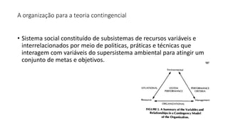 A organização para a teoria contingencial
• Sistema social constituído de subsistemas de recursos variáveis e
interrelacionados por meio de politicas, práticas e técnicas que
interagem com variáveis do supersistema ambiental para atingir um
conjunto de metas e objetivos.
 
