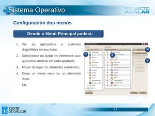 Sistema Operativo
 Configuración dos menús

           Dende o Menú Principal poderá:

  1. Ver     as   aplicacións     e   sistemas
     dispoñibles no escritorio.                                    4
                                                 1   2
  2. Seleccionar ou quitar os elementos que
     queremos mostrar en cada apartado.                            3

  3. Mover de lugar os diferentes elementos.
  4. Crear un menú novo ou un elemento
     novo.
     Etc.




                                                         25   25
                                                              25
 