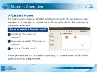 Sistema Operativo

A Carpeta Home
É o lugar no que se crean as carpetas persoais dos usuarios nas que gardan os seus
arquivos, e a súa vez, a carpeta home forma parte dunha das carpetas do
navegador de arquivos.
     Como se accede á Carpeta Home?

 1 Acceda ao “Navegador de
1.


   arquivos”.

 2 Seleccione a opción “Sistemas de
2.


      arquivos”.

 3 Acceda a “Carpeta Home”.
3.




Coma peculiaridade da instalación corporativa, a carpeta home dispón dunha
partición /home/ independente.



                                                                30                   30
 