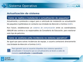 Sistema Operativo

Actualización do sistema
 Como se realiza a instalación e actualización de paquetes?
Actualmente, o protocolo a seguir para a solicitude de instalación ou actualización
de paquetes é poñéndose en contacto coa Unidade da Atención a Centros (UAC).

Nun futuro, establecerase un sistema de comunicación entre os coordinadores
ABALAR dos centros e os responsables da Consellería de Educación, para xestionar
este tipo de peticións.

 Como se xestiona unha incidencia no sistema operativo?
Ao igual que para outras incidencias do equipo, o usuario contactará directamente
coa Unidade da Atención a Centros (UAC).

      Para garantir que os usuarios dispoñan dun sistema operativo
      actualizado é necesario que as actualizacións se leven a cabo de
      maneira centralizada e coordinada


                                                                 31                   31
 