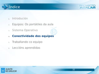 Índice


1.   Introdución

2.   Equipos: Os portátiles da aula

3.   Sistema Operativo

4.   Conectividade dos equipos

5.   Traballando co equipo

6.   Leccións aprendidas




                                      32
                                      32
 