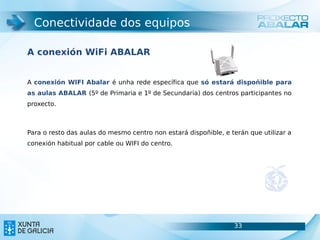 Conectividade dos equipos

A conexión WiFi ABALAR


A conexión WIFI Abalar é unha rede específica que só estará dispoñible para
as aulas ABALAR (5º de Primaria e 1º de Secundaria) dos centros participantes no
proxecto.



Para o resto das aulas do mesmo centro non estará dispoñible, e terán que utilizar a
conexión habitual por cable ou WIFI do centro.




                                                                 33                    33
 