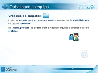 Traballando co equipo

Creación de carpetas
Existe una carpeta persoal para cada usuario que no caso do portátil de aula
é o usuario “profesor”

En   /home/profesor   só poderá crear e modificar arquivos e carpetas o usuario
profesor.




                                                             40                   40
 