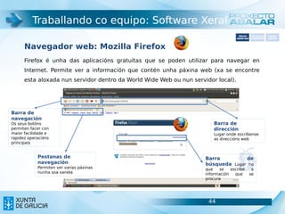 Traballando co equipo: Software Xeral
                                                                                      Software        Softwarepara     Software
                                                                                    carácter xeral    accesibilidade   educativo



      Navegador web: Mozilla Firefox
      Firefox é unha das aplicacións gratuítas que se poden utilizar para navegar en
      Internet. Permite ver a información que contén unha páxina web (xa se encontre
      esta aloxada nun servidor dentro da World Wide Web ou nun servidor local).




Barra de
navegación
Os seus botóns                                                           Barra de
permiten facer con                                                       dirección
maior facilidade e                                                       Lugar onde escríbense
rapidez operacións                                                       as direccións web
principais


            Pestanas de                                              Barra         de
            navegación                                               búsqueda Lugar no
            Permiten ver varias páxinas                              que   se    escribe              a
            nunha soa xanela                                         información   que               se
                                                                     procura




                                                                      44                                         44
 