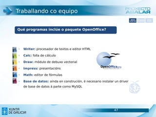 Traballando co equipo
                                                                             Software       Softwarepara     Software
                                                                           carácter xeral   accesibilidade   educativo




Qué programas inclúe o paquete OpenOffice?




 §   Writer: procesador de textos e editor HTML
 §   Calc: folla de cálculo
 §   Draw: módulo de debuxo vectorial
 §   Impress: presentacións
 §   Math: editor de fórmulas
 §   Base de datos: aínda en construción, é necesario instalar un driver
     de base de datos á parte como MySQL




                                                              47                                       47
 