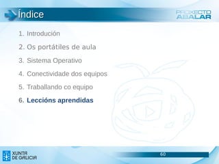 Índice
1. Introdución

2. Os portátiles de aula

3. Sistema Operativo
4. Conectividade dos equipos
5. Traballando co equipo
6. Leccións aprendidas




                               60   60
                                    60
 