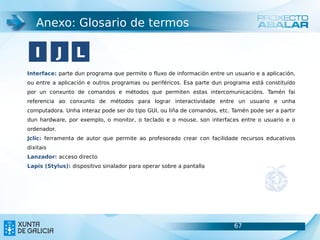 Anexo: Glosario de termos

   I         J L
Interface: parte dun programa que permite o fluxo de información entre un usuario e a aplicación,
ou entre a aplicación e outros programas ou periféricos. Esa parte dun programa está constituído
por un conxunto de comandos e métodos que permiten estas intercomunicacións. Tamén fai
referencia ao conxunto de métodos para lograr interactividade entre un usuario e unha
computadora. Unha interaz pode ser do tipo GUI, ou liña de comandos, etc. Tamén pode ser a partir
dun hardware, por exemplo, o monitor, o teclado e o mouse, son interfaces entre o usuario e o
ordenador.
Jclic: ferramenta de autor que permite ao profesorado crear con facilidade recursos educativos
dixitais
Lanzador: acceso directo
Lapis (Stylus): dispositivo sinalador para operar sobre a pantalla




                                                                          67                    67
 