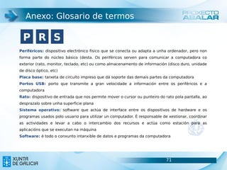Anexo: Glosario de termos

  P R S
Periféricos: dispositivo electrónico físico que se conecta ou adapta a unha ordenador, pero non
forma parte do núcleo básico (desta. Os periféricos serven para comunicar a computadora co
exterior (rato, monitor, teclado, etc) ou como almacenamento de información (disco duro, unidade
de disco óptico, etc)
Placa base: tarxeta de circuíto impreso que dá soporte das demais partes da computadora
Portos USB: porto que transmite a gran velocidade a información entre os periféricos e a
computadora
Rato: dispositivo de entrada que nos permite mover o cursor ou punteiro do rato pola pantalla, ao
desprazalo sobre unha superficie plana
Sistema operativo: software que actúa de interface entre os dispositivos de hardware e os
programas usados polo usuario para utilizar un computador. É responsable de xestionar, coordinar
as actividades e levar a cabo o intercambio dos recursos e actúa como estación para as
aplicacións que se executan na máquina
Software: é todo o conxunto intanxible de datos e programas da computadora




                                                                           71                       71
 