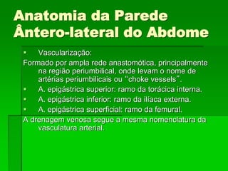 Anatomia da Parede
Ântero-lateral do Abdome
 Vascularização:
Formado por ampla rede anastomótica, principalmente
na região periumbilical, onde levam o nome de
artérias periumbilicais ou “choke vessels”.
 A. epigástrica superior: ramo da torácica interna.
 A. epigástrica inferior: ramo da ilíaca externa.
 A. epigástrica superficial: ramo da femural.
A drenagem venosa segue a mesma nomenclatura da
vasculatura arterial.
 