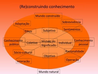 (Re)construindo conhecimento Conhecimento público Conhecimento pessoal Mundo natural Mundo construído Ethos   Sentimentos Mundo do Significado Coletivo   Individual Racionalidade   Sócio-cultural Adaptação Sobrevivência   Interacão   Operacão Subjetivo   Objetivo 